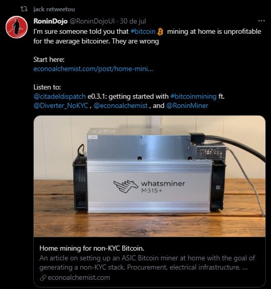 Jack Dorsey retweeted an image that claims Bitcoin mining is profitable for people at home
