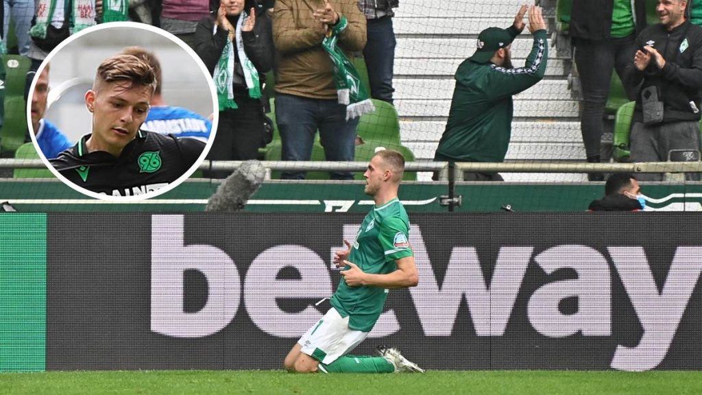 Marvin Ducksch (großes Bild) traf bei seinem Debüt für Werder Bremen doppelt - unter anderem versenkte er einen Elfmeter. Florent Muslija (eingeklinkt) hingegen, der für Hannover 96 in Darmstadt zum Strafstoß antrat und damit Nachfolger von Ducksch wurde, scheiterte. 