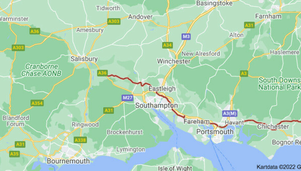 Main Road: The A27 is a major road that runs from it passes from an intersection in Whiteparish in the county of Wiltshire.  The line runs parallel to the south coast of Hampshire, then passes through West Sussex and ends at Pevensey in East Sussex.  Image: google
