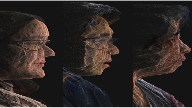 The color realistic illustration shows slightly distorted faces created by arithmetic lines