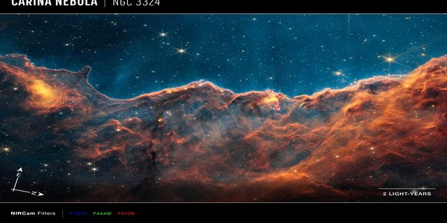 A near infrared webcam (NIRCam) image of the cosmic cliffs, a region at the edge of a giant gaseous cavity within NGC 3324, with compass arrows, a scale bar, and a color key for reference.  The north and east compass arrow shows the image's direction in the sky.  Note that the relationship between north and east in the sky (bottom view) is reversed relative to the direction arrows on the Earth map (top view).  The scale bar is indicated in light years, which is the distance light travels in one Earth year.  It takes two years for the light to travel a distance equal to the length of the tape.  A light year is 5.88 trillion miles or 9.46 trillion km.  This image shows the near-infrared wavelengths translated into the colors of visible light.  The color key shows the NIRCam filters that were used when collecting the light.  The color of each filter name is the color of the visible light used to represent the infrared light passing through that filter.  Webb's NIRCam was built by a team at the University of Arizona and Lockheed Martin Advanced Technology Center.